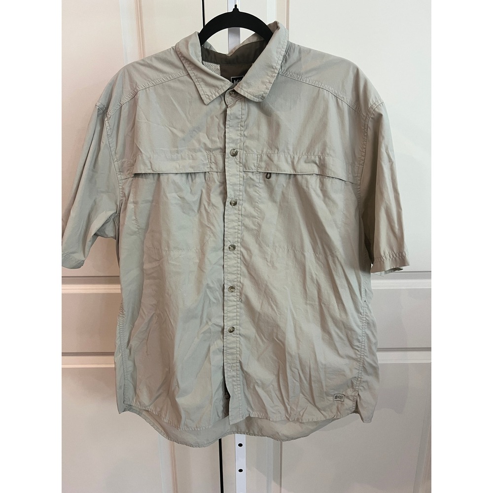 REI Co-op Mens XL Khaki Tan Short Sleeve Hiking Shirt Ventilated Mesh Back Nylon